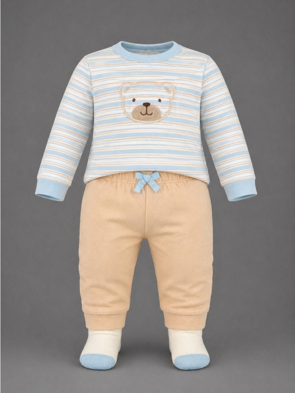 Baby Blue & Beige Bear Striped Kids Pajama Set size 24m Little Me